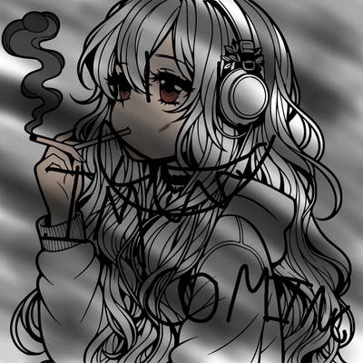 long wavy hair anime girl with headphones smoking