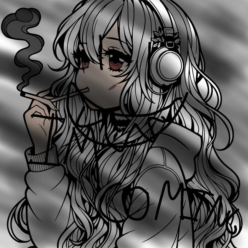 long wavy hair anime girl with headphones smoking