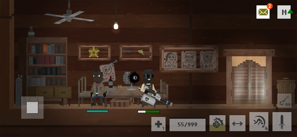 A pixel art scene from Wasteland Story featuring characters inside a post apocalyptic base with survival gear