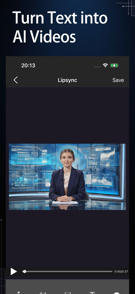 Lipsync: Clone Voice & Avatar - Interfaz de la aplicación que muestra un avatar de IA profesional generado a partir de texto usando la aplicación Lipsync