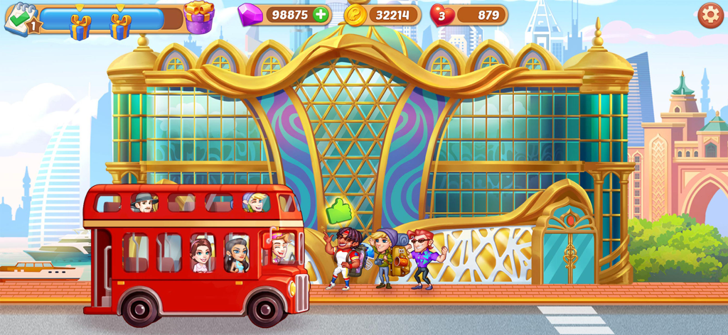 Hotel Craze® Design Makeover - Hotel Craze Design Makeoverのモダンな高級ホテルに到着する赤いダブルデッカーバス