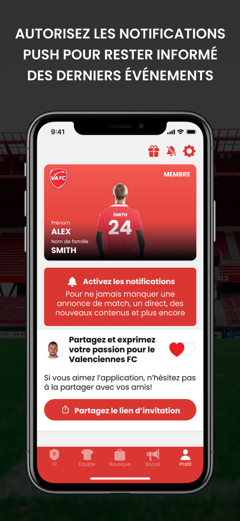 Valenciennes FC - Valenciennes FC mobile app screen showing user profile and push notification settings