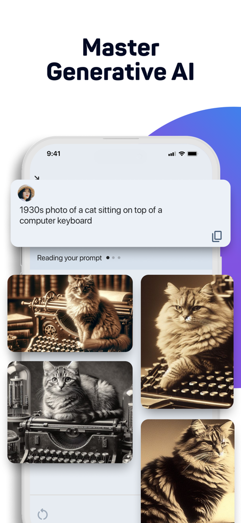 Interface do aplicativo Learn AI mostrando fotos vintage de gatos geradas a partir de um prompt de texto