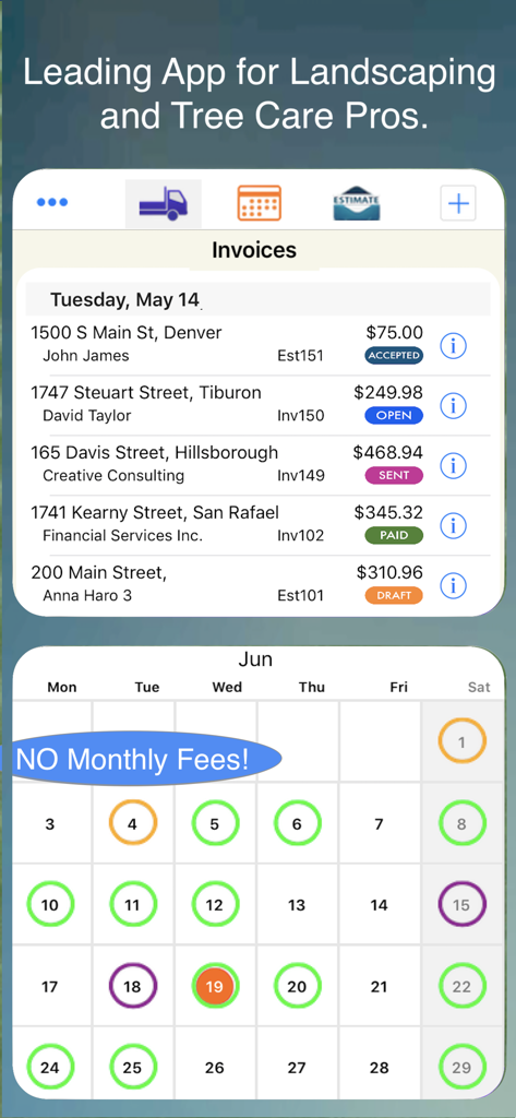Landscaper & Tree Pro Business - Screenshot of the Landscaper and Tree Pro app showing a list of customer invoices and a monthly service schedule calendar with no monthly fees.