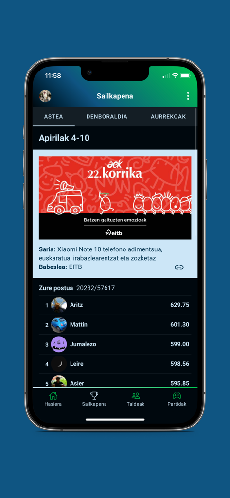 Captura de pantalla de la aplicación móvil de la tabla de clasificación semanal de Egunean Behin con clasificaciones de jugadores