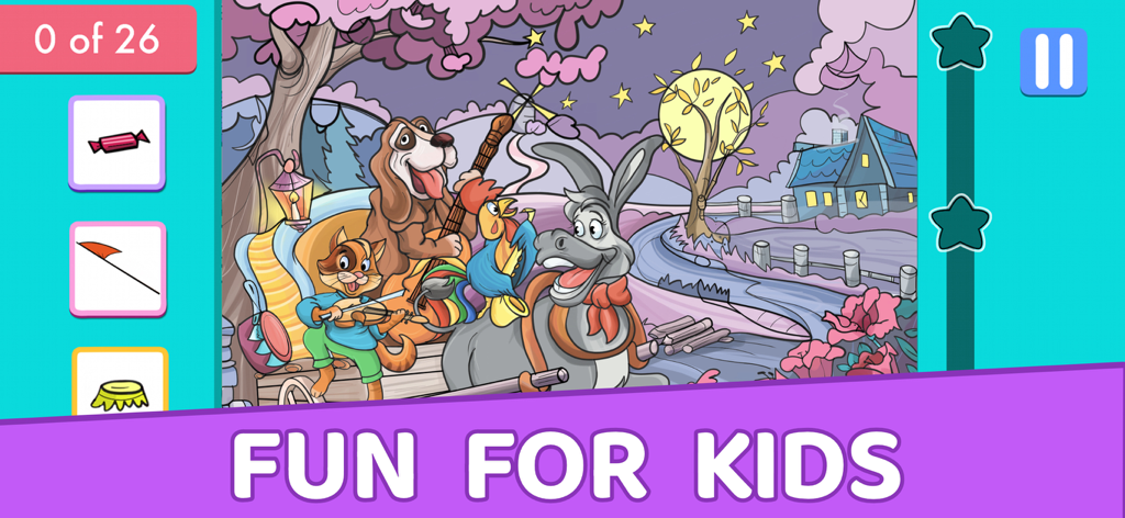 Wimmelbildspiel für Kinder mit Cartoon-Tieren aus den Bremer Stadtmusikanten in einer Märchenlandschaft