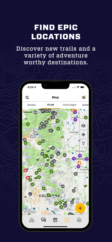 Overland Bound One app interface displaying a topographic map with offroad trails and camping locations