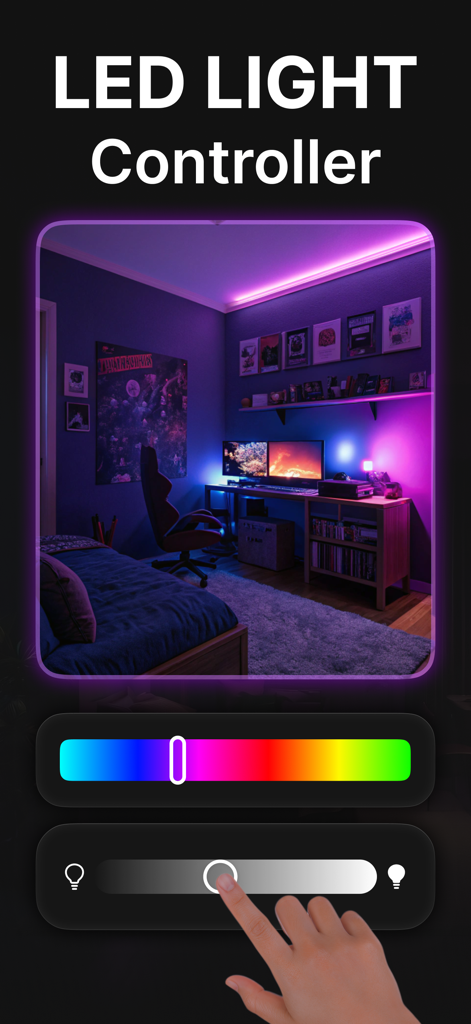 Remote LED & Light Controller - Interfaz de la aplicación Controlador LED y de Iluminación Remoto mostrando controles deslizantes de color y brillo sobre una sala de juegos iluminada en púrpura