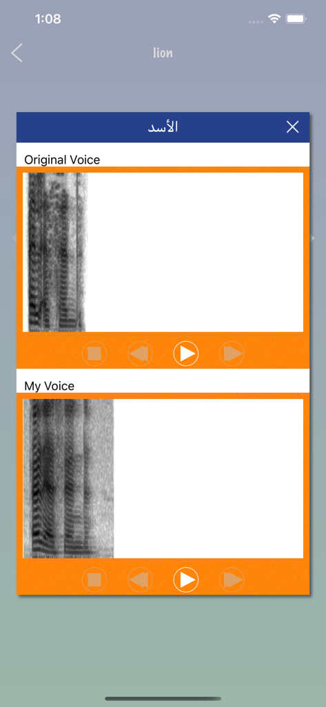 Voiceprint comparison feature in the Arabic learning app showing original and user speech spectrograms for the word lion