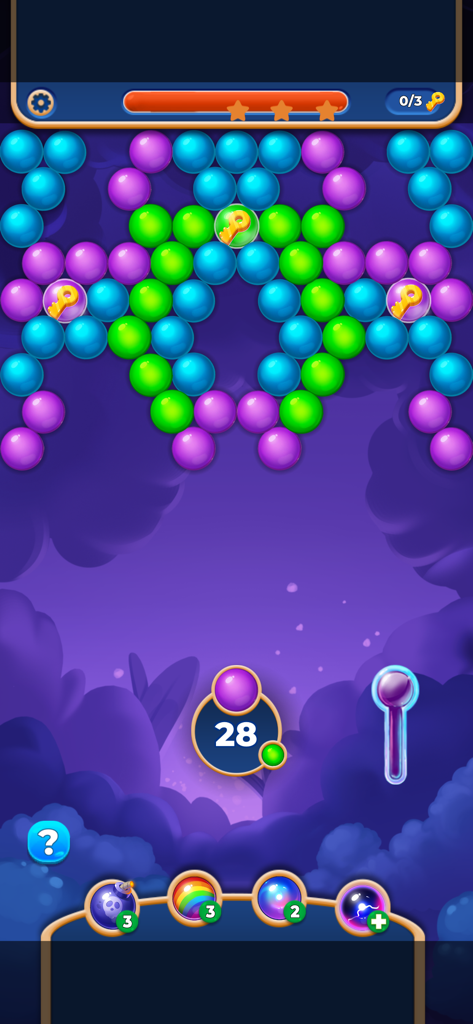 Jugabilidad clásica de disparar burbujas con burbujas coloridas y llaves para coleccionar