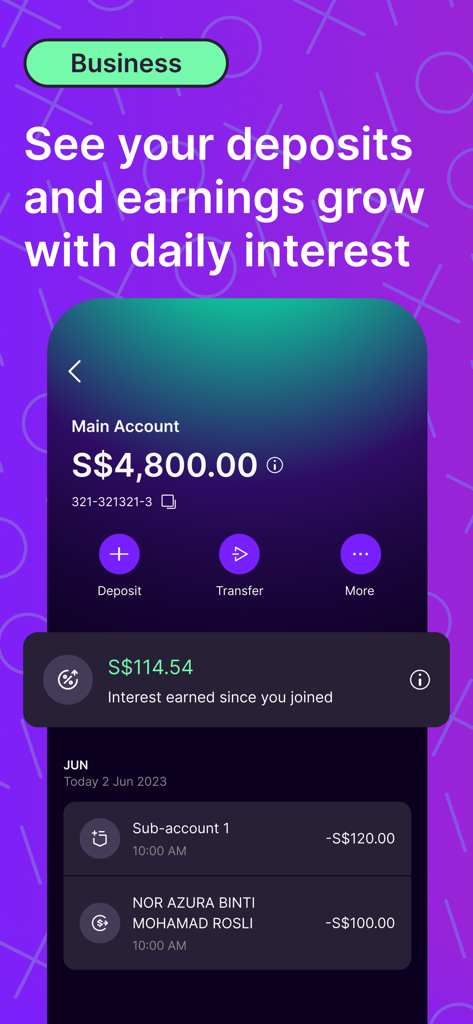 GXS Bank - GXS Bank app screen showing business account balance and daily interest earnings