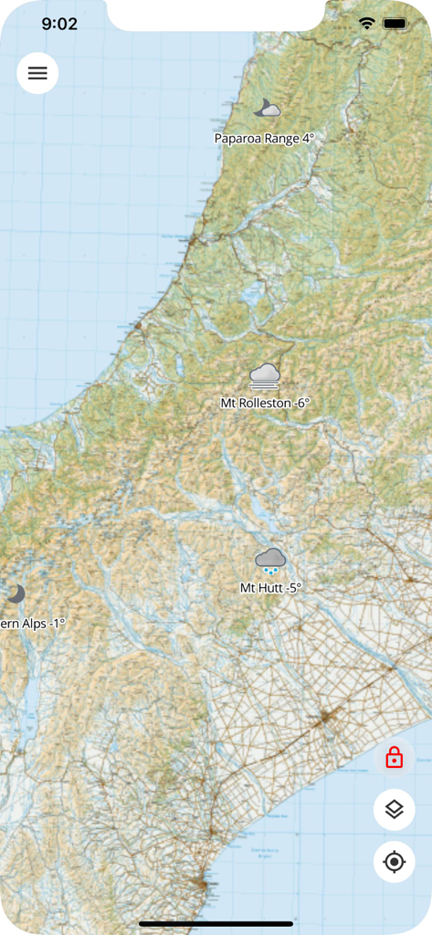 Mapa topográfico de Nueva Zelanda con pronósticos meteorológicos de montaña en la aplicación TrailTreks