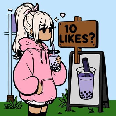 girl with oversized hoodie drinking boba and she has a high ponytail with a sign that says 10likes?