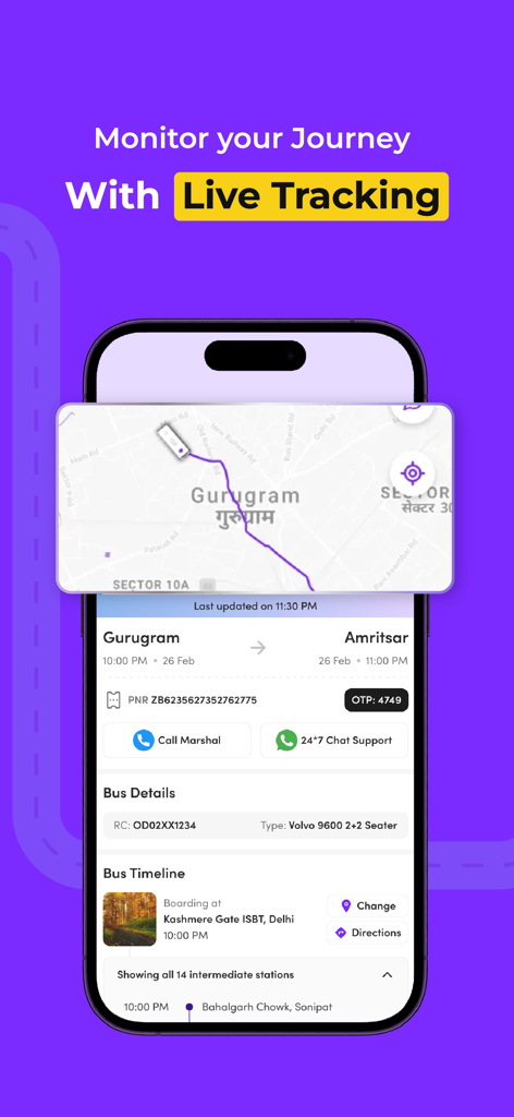 zingbus:Book Bus Ticket Online - Interfaccia dell'app mobile Zingbus che mostra il tracciamento live dell'autobus su una mappa con dettagli del viaggio tra Gurugram e Amritsar.