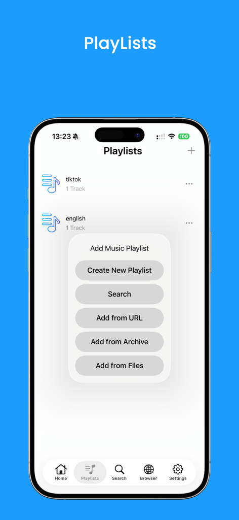 Videos Locker - iPhone screenshot of Videos Locker app showing the playlists screen and the menu for adding music or creating new playlists.