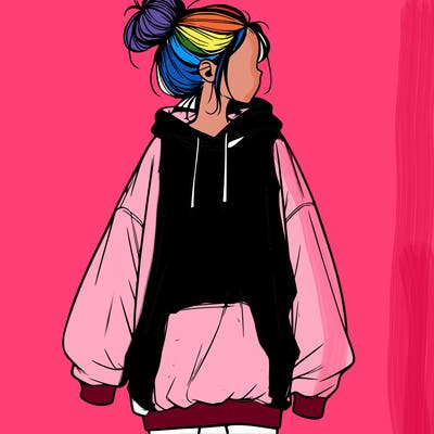 realistic girl with a oversized sweatshirt on and a bun