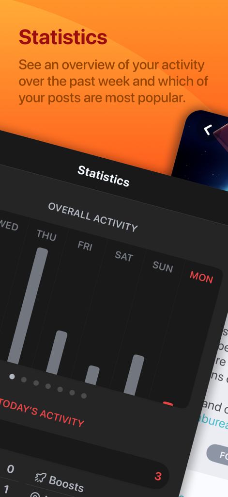 Ivory for Mastodon by Tapbots - Ivory for Mastodon app interface displaying weekly activity statistics and engagement metrics