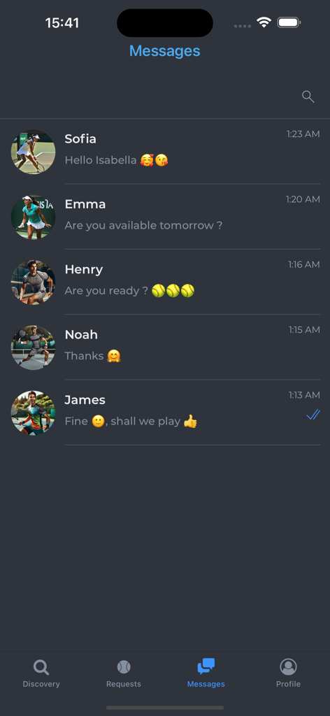 Tennis Partner - In-app messaging interface for scheduling tennis matches with other players.
