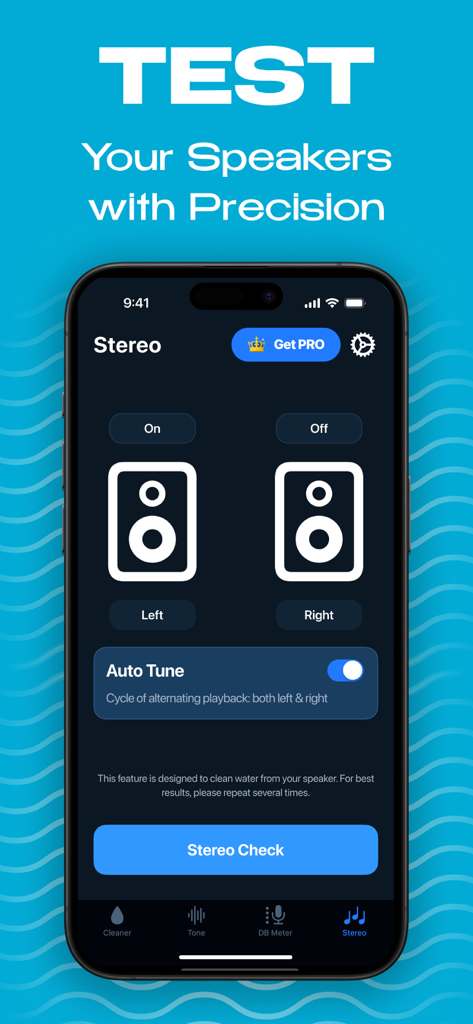 Stereo speaker testing interface in the Water Eject app