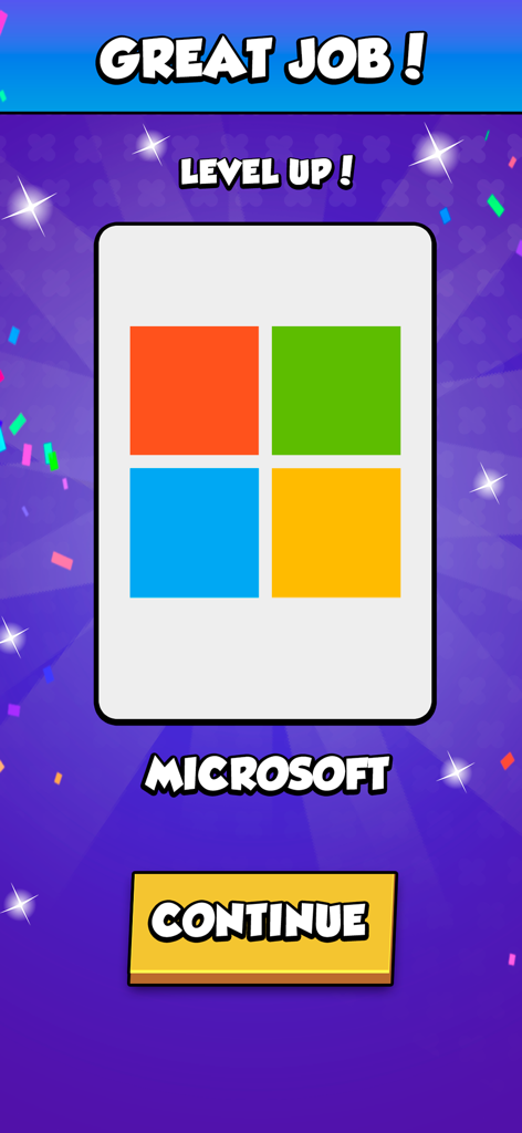 Colormania - Guess the Colors - Level up screen in Colormania app showing a completed Microsoft logo after a correct guess