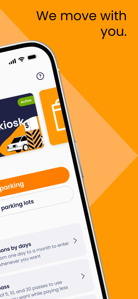 Telpark - iPhone screen displaying the Telpark app with parking options and the slogan We move with you