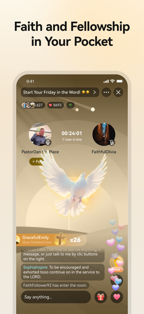 A mobile phone screen showing a live Christian fellowship stream with a pastor and community chat in the Blessed app.