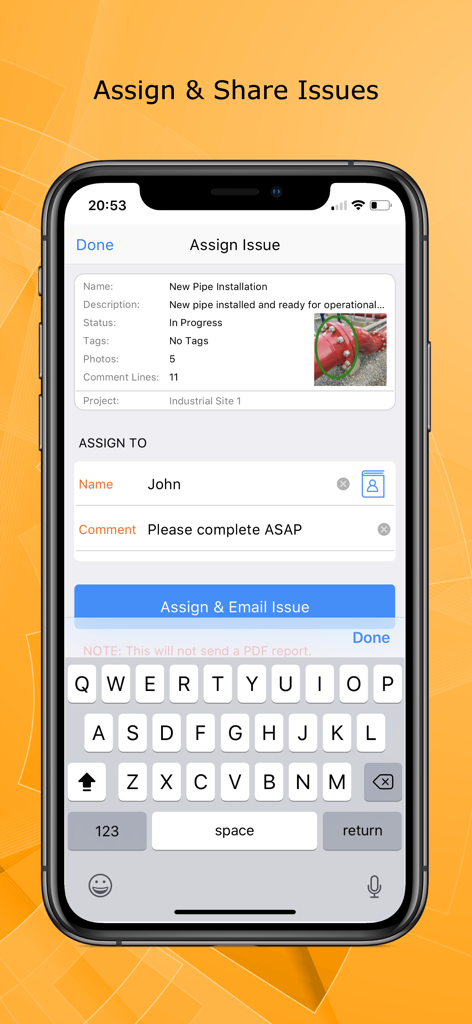 Site Report Pro mobile interface for assigning a construction issue to a team member with a photo and instructions