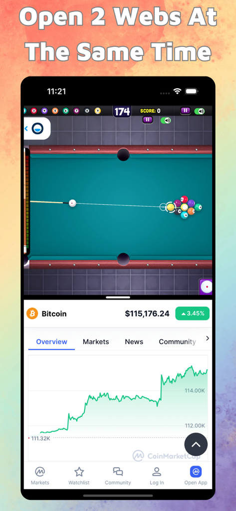 Interfaz de pantalla dividida de iPhone mostrando simultáneamente un juego de billar y un gráfico de precios de Bitcoin