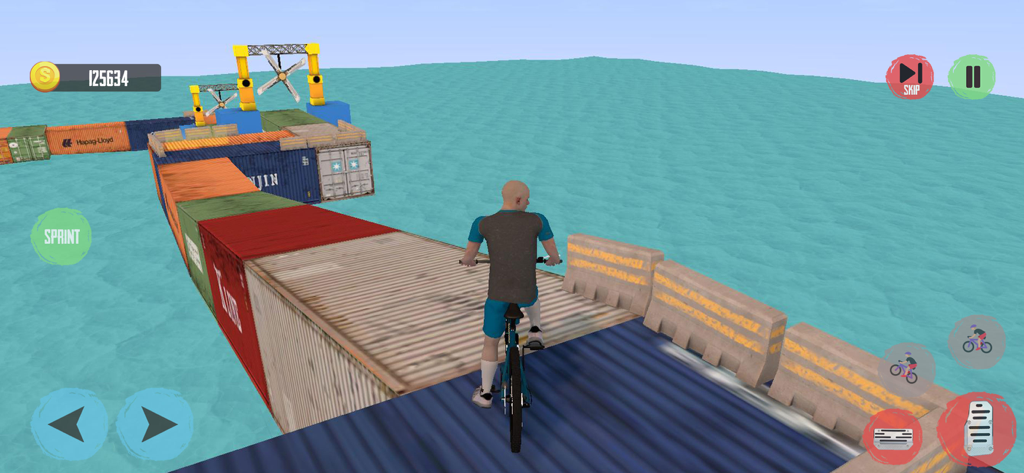 Fearless BMX Bicycle Simulator - Ein Charakter fährt in Fearless BMX Bicycle Simulator mit einem Fahrrad auf Schiffscontainern über dem Meer.