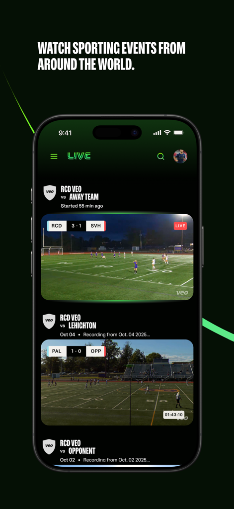 Veo Live app interface showing a list of live and recorded local sports matches on a smartphone.