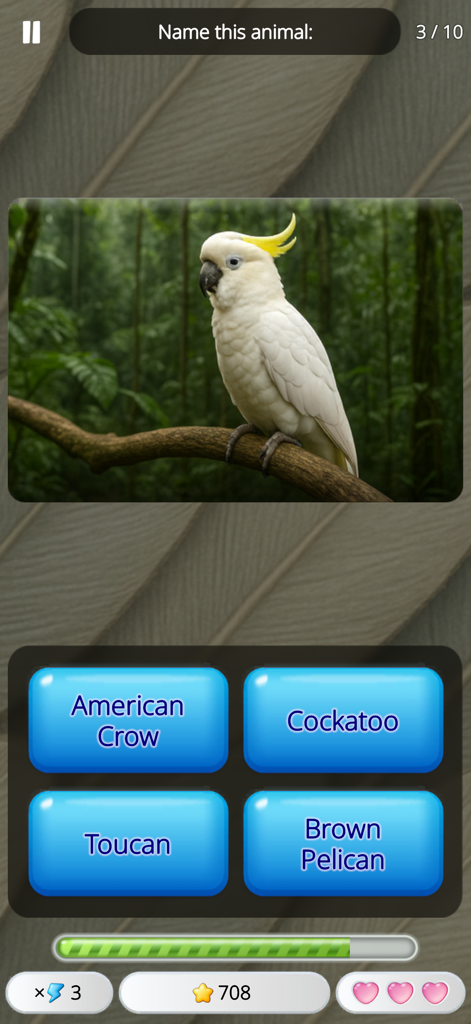 Guess the Animal: Quiz Game - Interfaz del juego de preguntas Adivina el Animal con una pregunta de identificación de cacatúa blanca con opciones de respuesta múltiple.