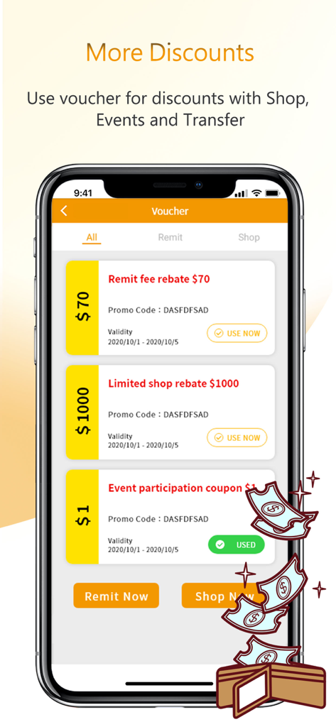 SET app voucher screen showing discounts for money transfers and online shopping.