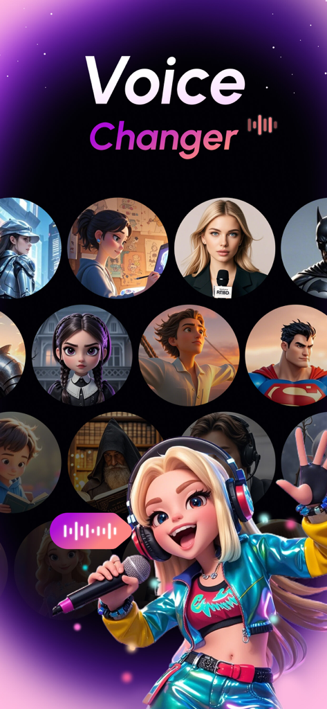 Voice changer app interface featuring character selection icons and an energetic mascot with a microphone