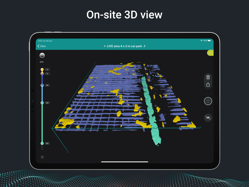 Proceq GPR 앱이 iPad에서 스캔된 콘크리트 구조물의 현장 3D 보기를 표시하고 있습니다.