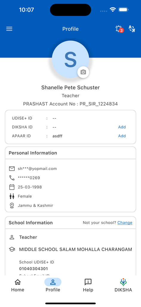 A screenshot of the PRASHAST app showing the teacher profile page with personal and school information.