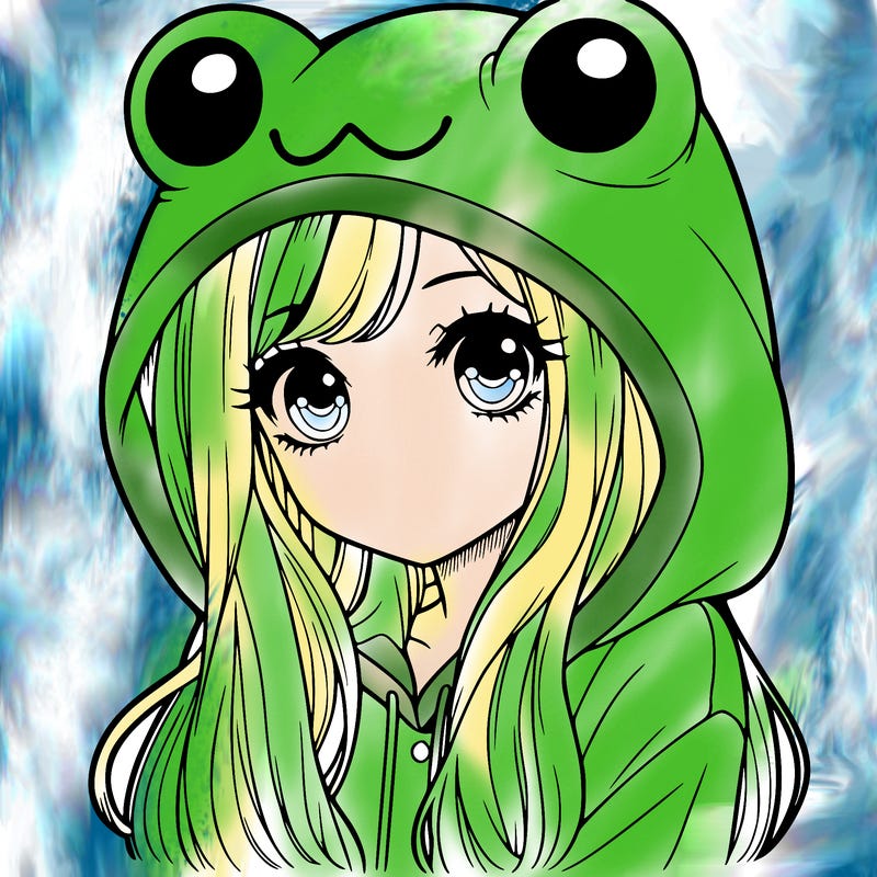 a pretty girl wearing a frog hoodie portrait with long hair