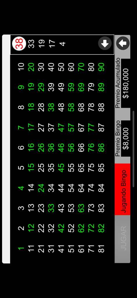 QuickPad - Bingo game board interface in the QuickPad app displaying numbers one through ninety and prize jackpots