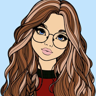 girl with long hair and freckles and glasses realistic