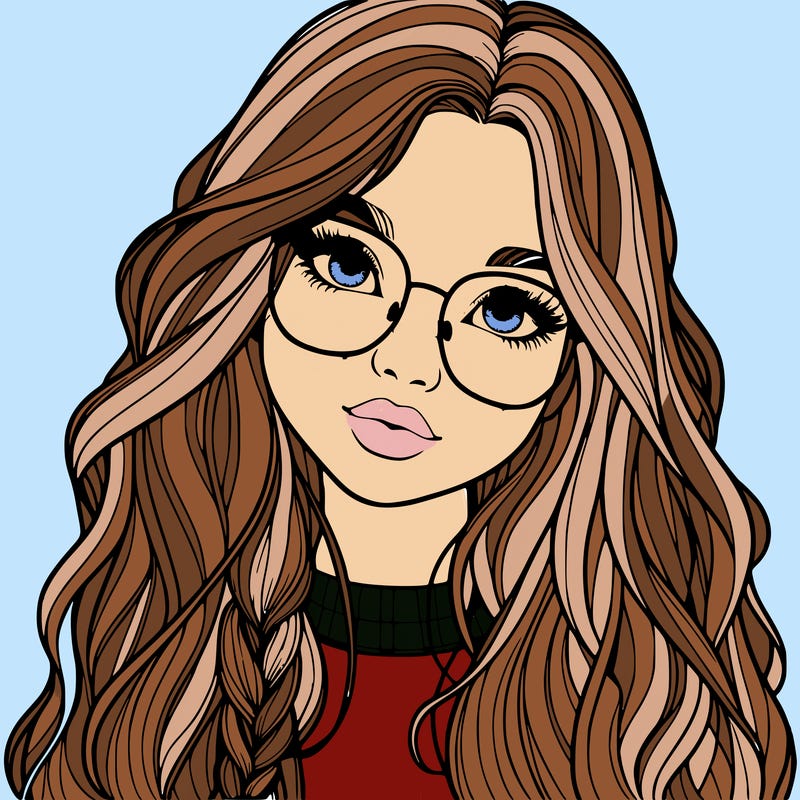 girl with long hair and freckles and glasses realistic