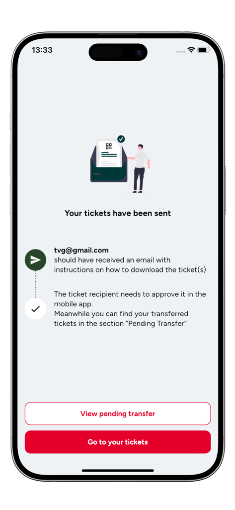 LHC Tickets - Bestätigungsbildschirm der LHC Tickets App zeigt eine erfolgreiche Ticketübertragung an eine E-Mail-Adresse.