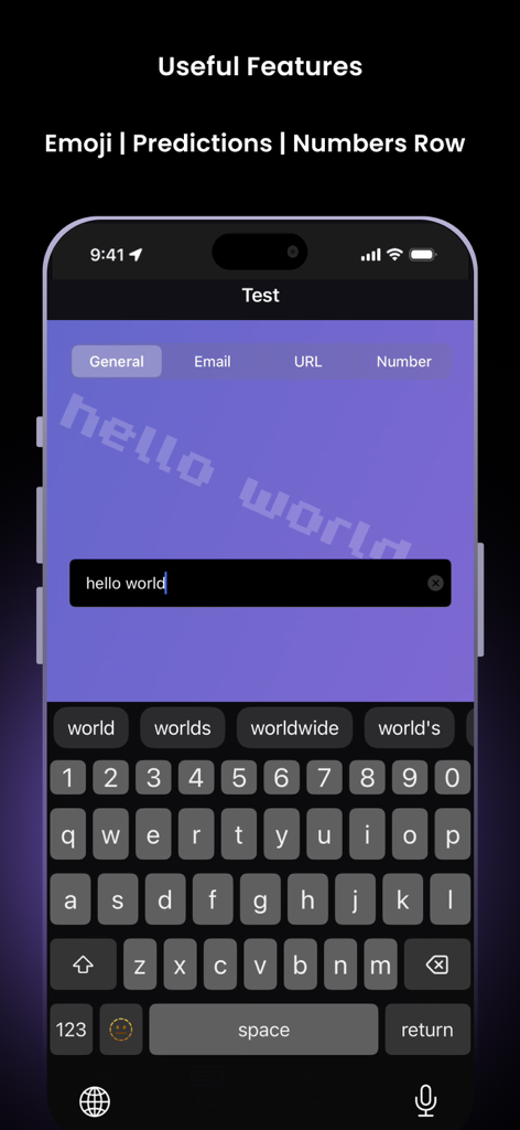 RGBoard: Animated Keyboard - RGBoard app screenshot showcasing an iOS style keyboard with word predictions, emoji support, and a dedicated numbers row.