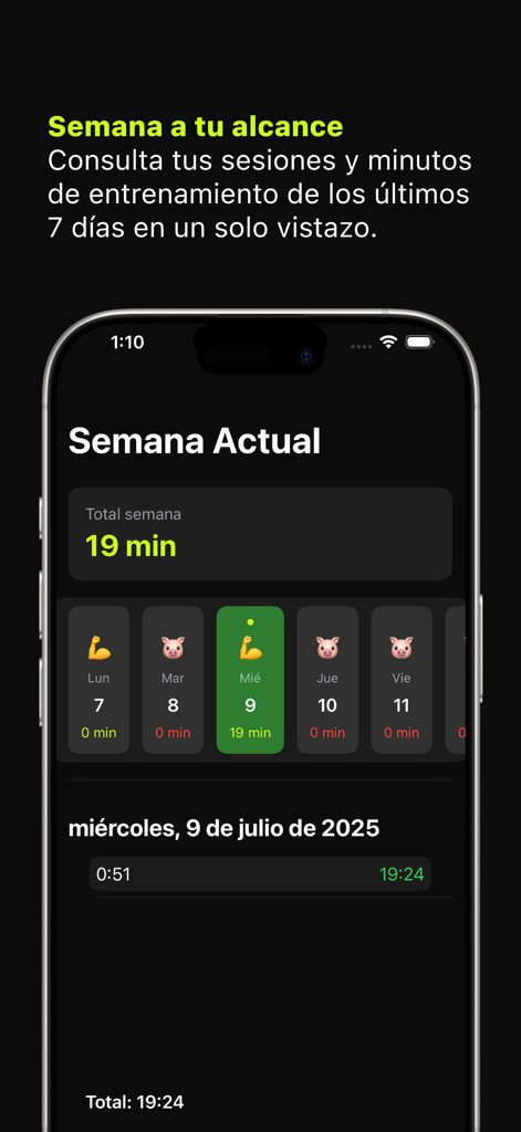 Vamos al Gym - Weekly progress dashboard in the Vamos al Gym app showing training minutes and daily active versus inactive status using muscle and pig icons.