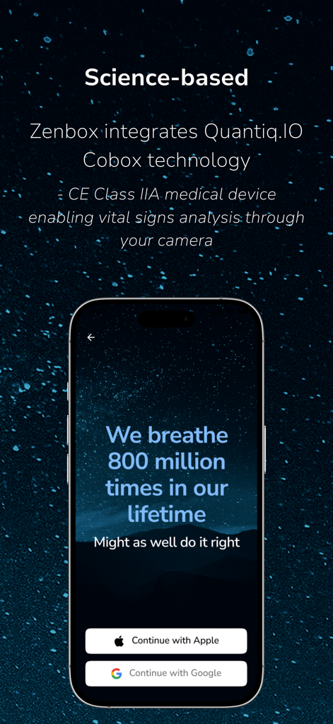 Zenbox: breathing - Zenbox breathing app onboarding screen featuring science-based medical technology for vital signs analysis