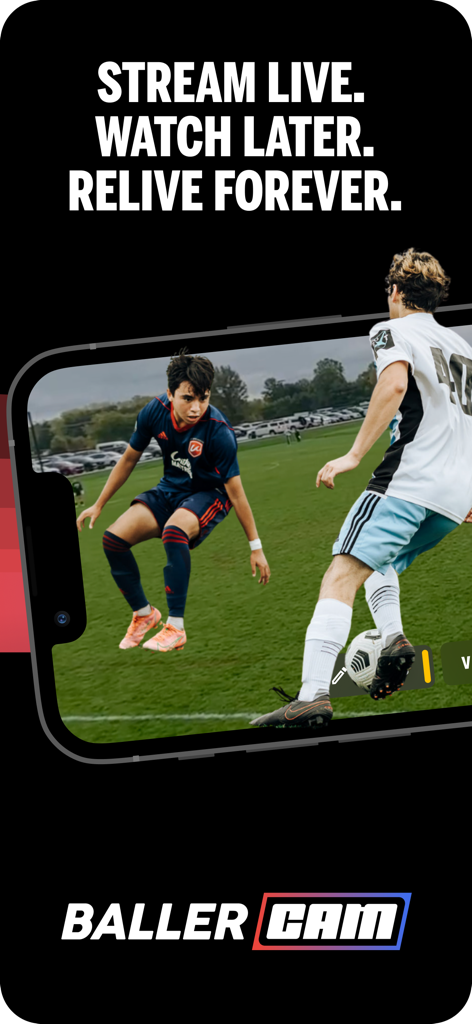 BallerCam app interface showing a live youth soccer match on a smartphone