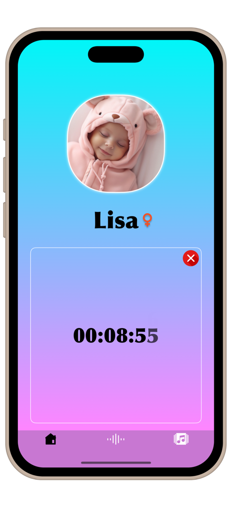 Colic: Sleep Sounds & Musics - Colic app interface with a baby profile and countdown timer