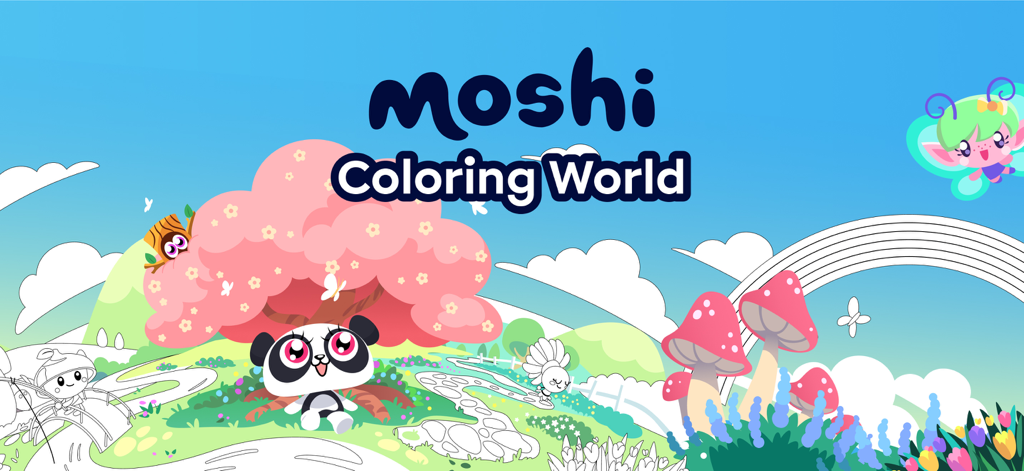 Moshi Coloring World - Moshi Coloring World Logo mit einem niedlichen Panda unter einem rosa Blütenbaum in einer magischen Landschaft