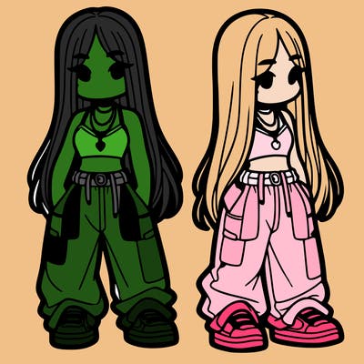 girl in baggy pants crop top and long hair