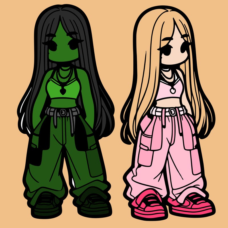 girl in baggy pants crop top and long hair