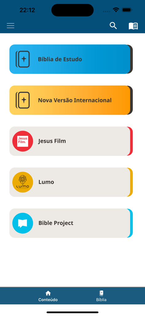 NVI Português Bible - Menú principal de la aplicación Biblia NVI Português mostrando herramientas de estudio y proyectos multimedia como Jesus Film y Lumo.