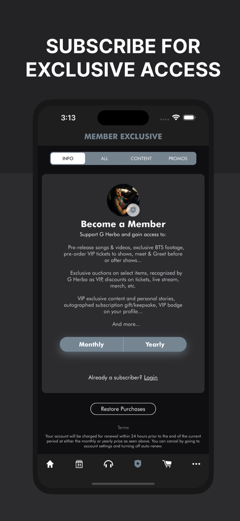 Membership subscription screen for the G Herbo Official App showing exclusive access benefits